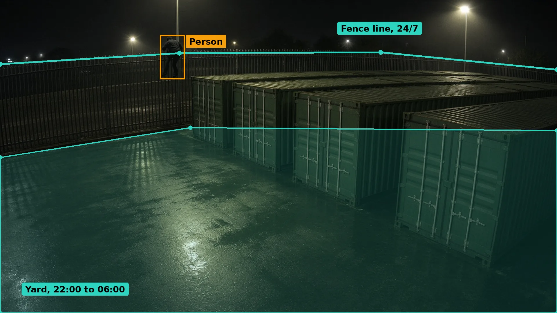 Night CCTV of a person climbing a palisade fence into a container self-storage yard, boxed in amber