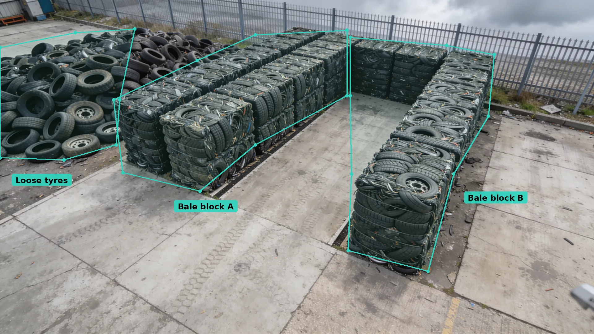 Daytime CCTV view of a tyre yard with two blocks of tyre bales and a pile of loose tyres, each outlined by a teal zone