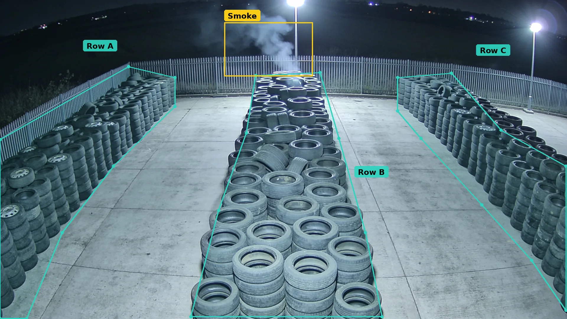 Night CCTV of a tyre yard: teal zones round three separate rows of whole tyres, smoke boxed in amber above the middle row