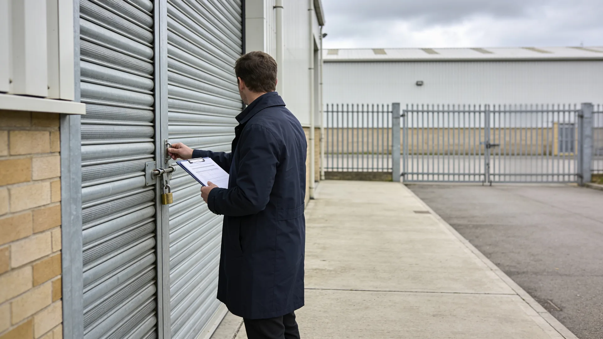 Daytime photo of a keyholder checking the padlock on a roller shutter of an empty unit, holding a clipboard