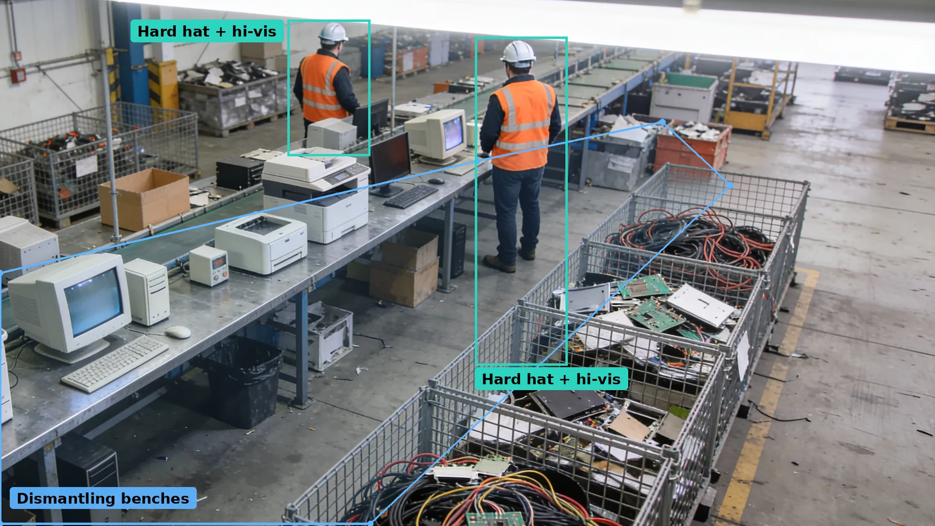 CCTV of WEEE dismantling benches with printers and monitors in a blue zone, two workers wearing PPE boxed in teal
