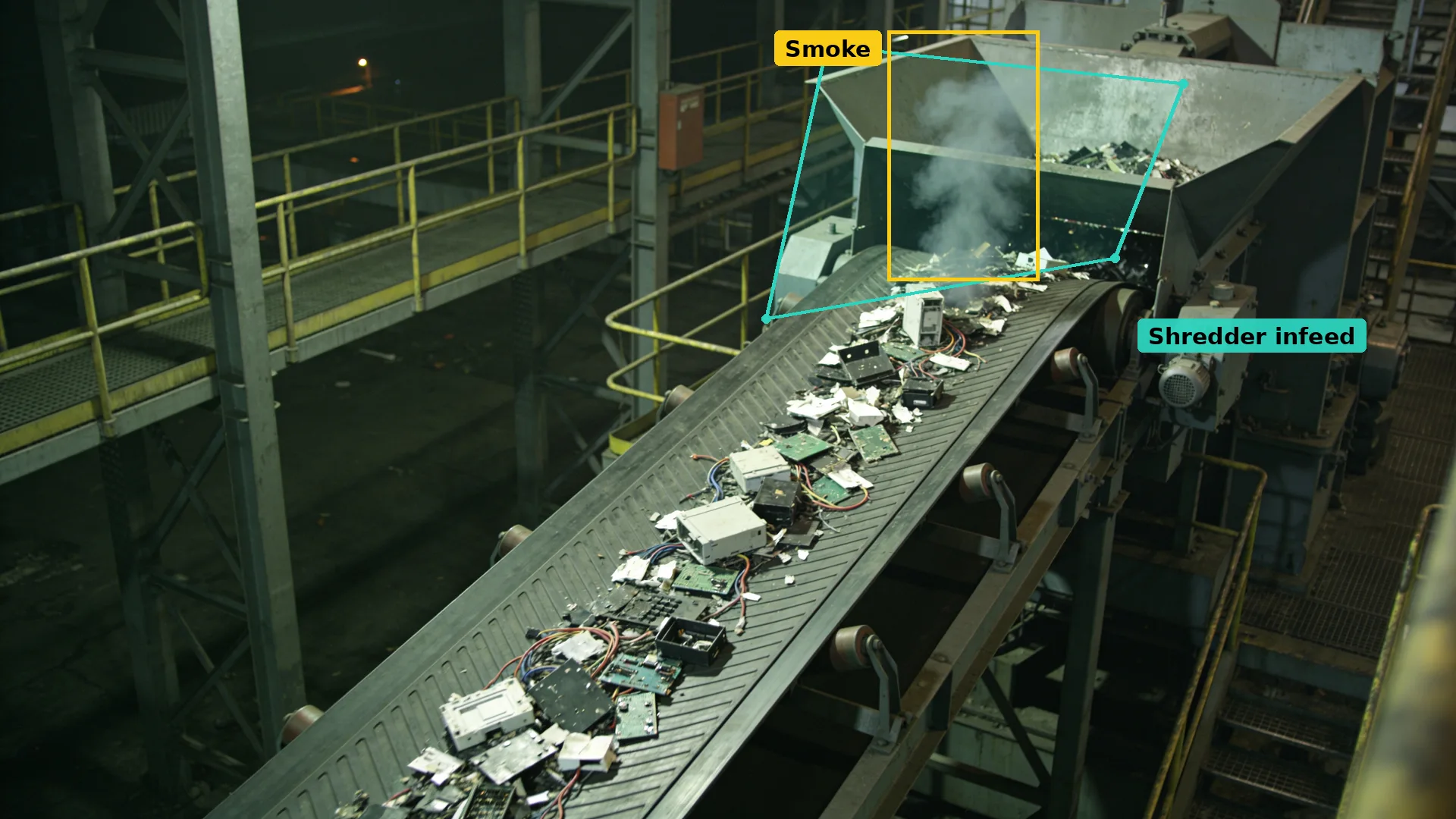 CCTV of a WEEE shredder conveyor: circuit boards on the belt, the hopper in a teal zone, smoke boxed in amber