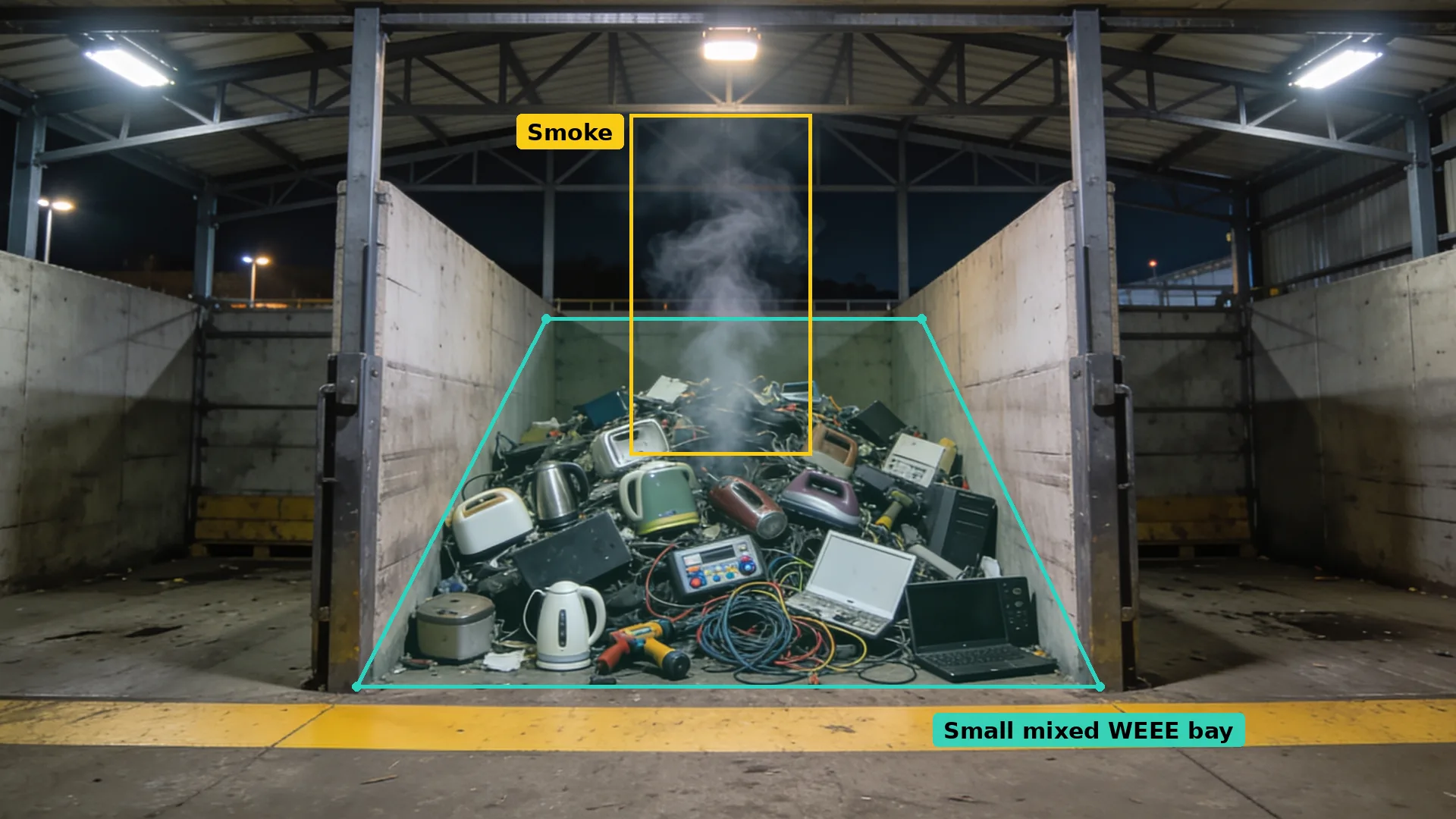 CCTV of a small mixed WEEE bay at night: kettles, toasters and laptops in a teal zone, rising smoke boxed in amber