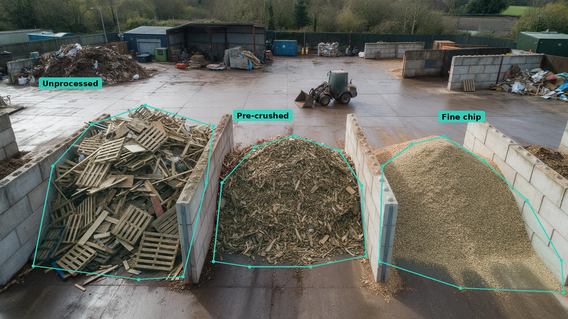 Daytime CCTV view of three wood stockpiles in walled bays with clear gaps, each outlined by its own teal detection zone