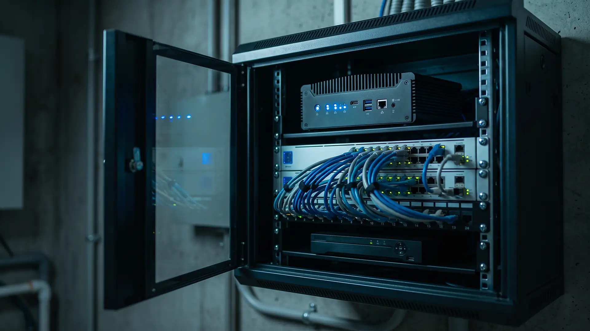 Open wall-mounted network cabinet in a dim plant room with a small edge server with blue status lights, a network switch with patch cables and a recorder below