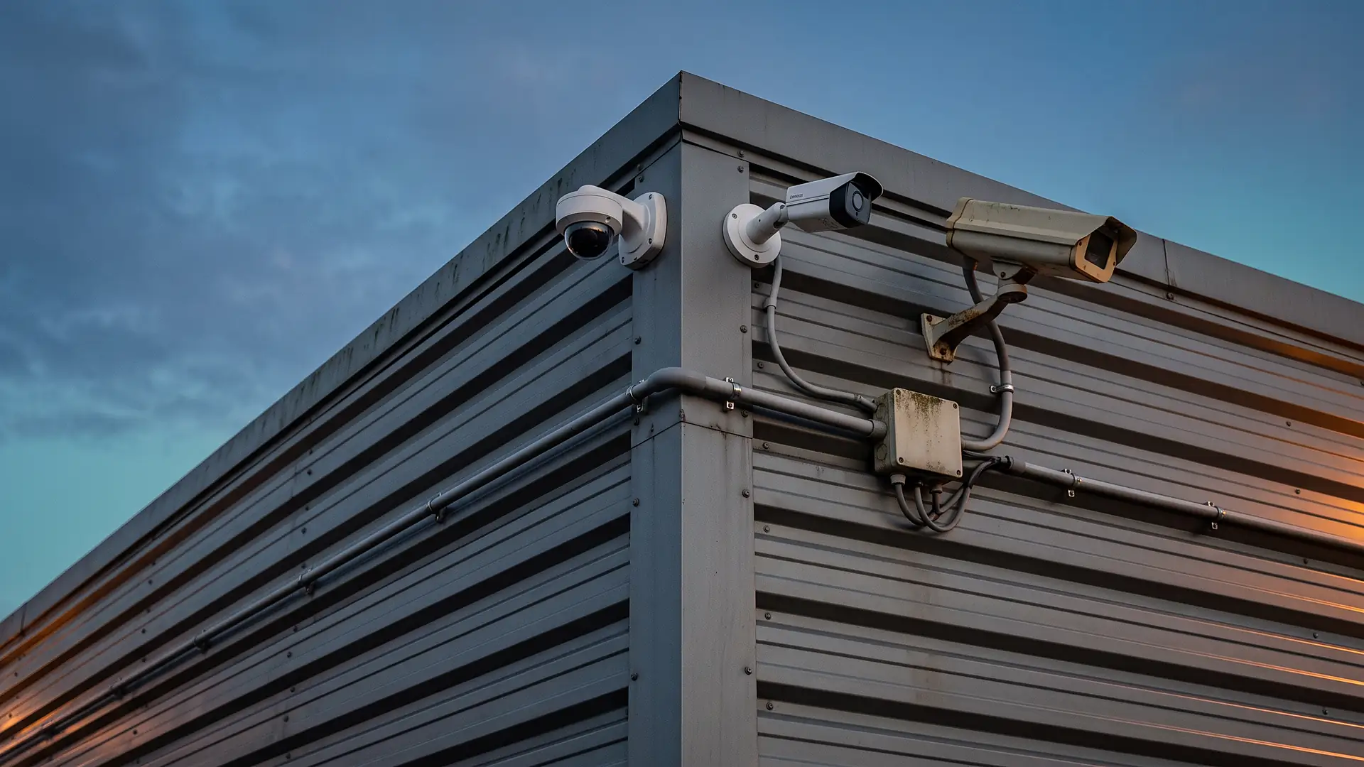 Corner of an industrial building at dusk with three existing CCTV cameras on the wall: a white dome camera, a newer bullet camera and an older beige bullet camera, with a junction box below