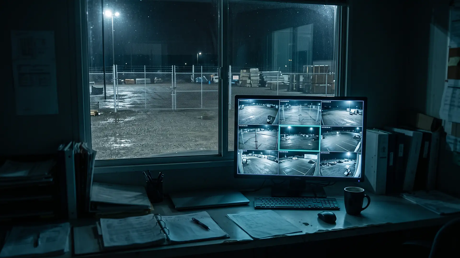 Dark site office at night with a monitor showing a grid of empty camera views, one tile outlined in teal, and a floodlit empty yard through the window