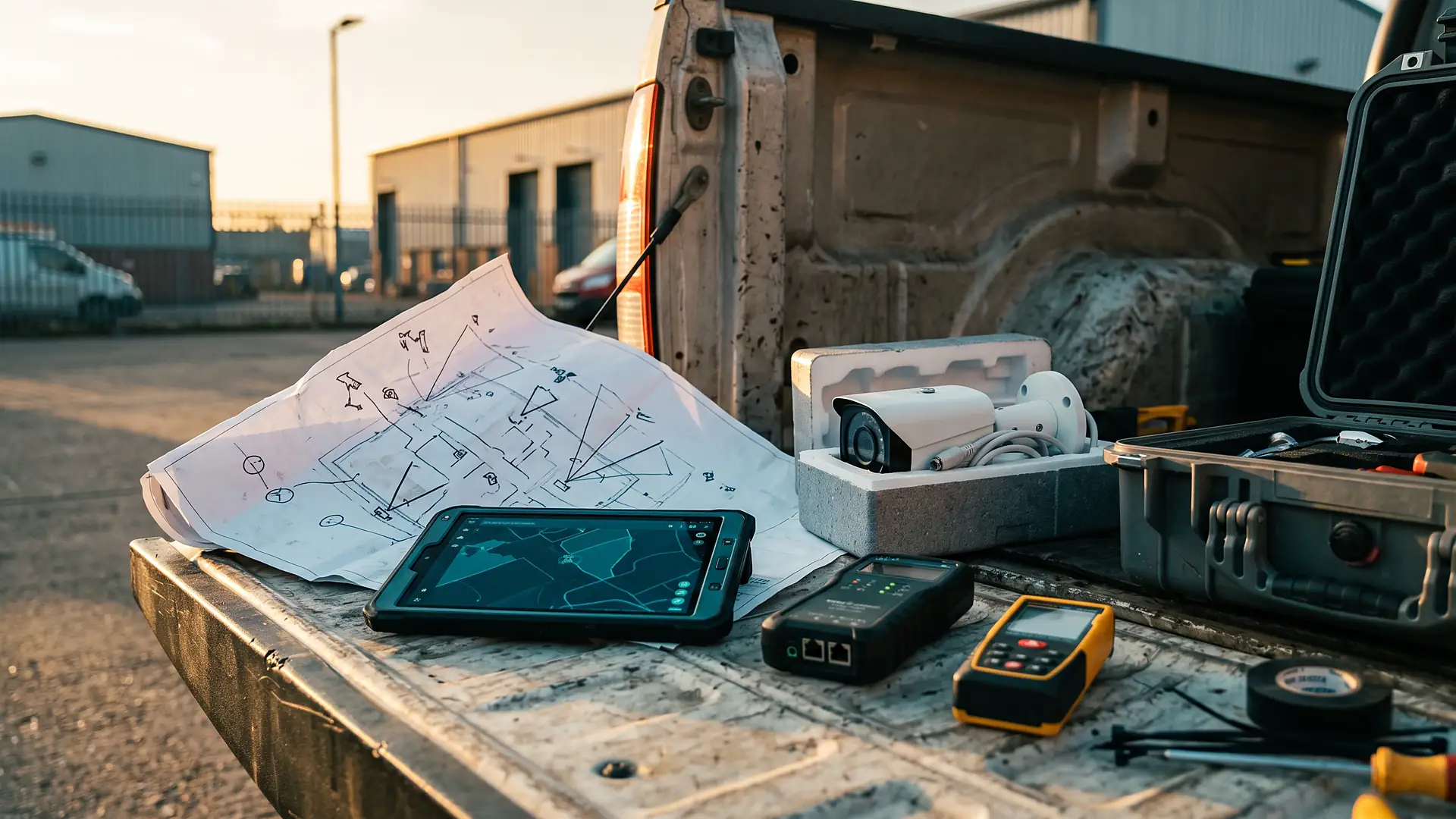 Site survey kit on the tailgate of a van at an industrial site at golden hour: a site plan with camera positions and coverage cones, a tablet showing a map, a new bullet camera in protective foam, a cable tester and a laser measure
