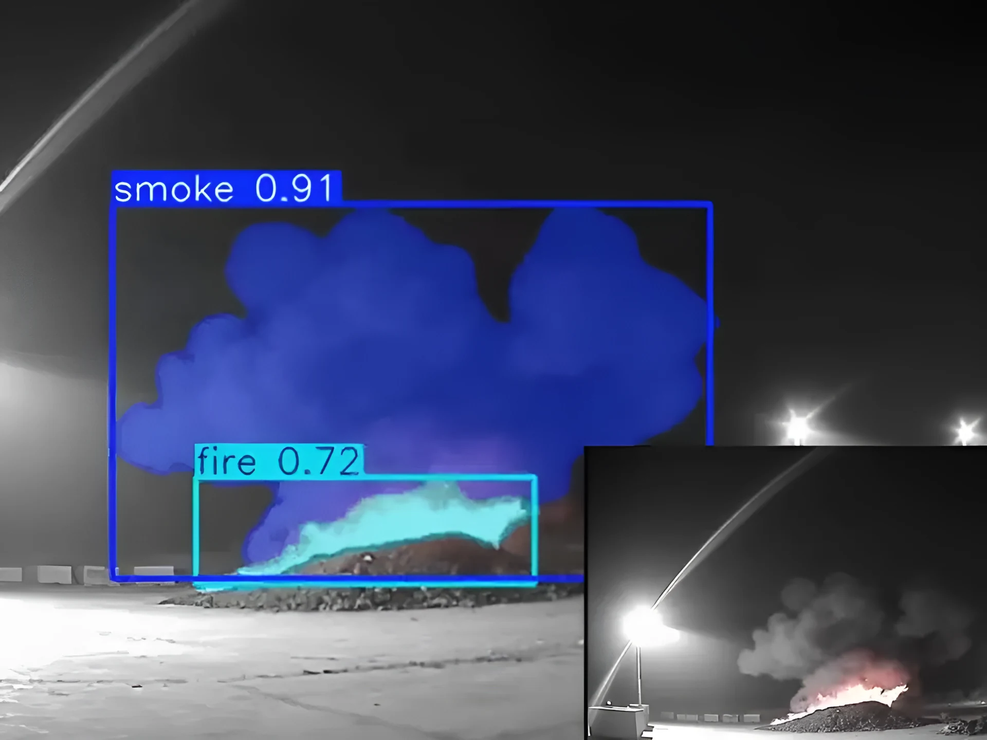 Real night-time infrared CCTV frame of a waste stockpile, with smoke and flame outlined and labelled by Woodcock AI, and the unlabelled camera view inset