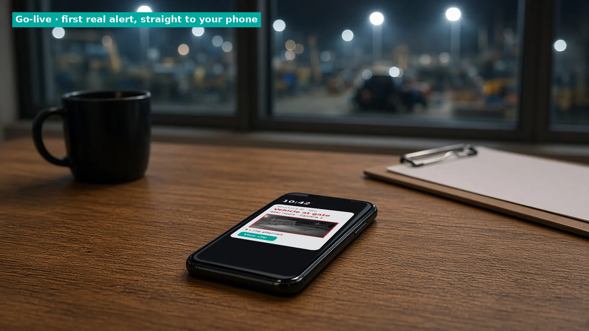 Phone on a site office desk at night showing a Woodcock AI alert with a video clip, the first real alert after go-live