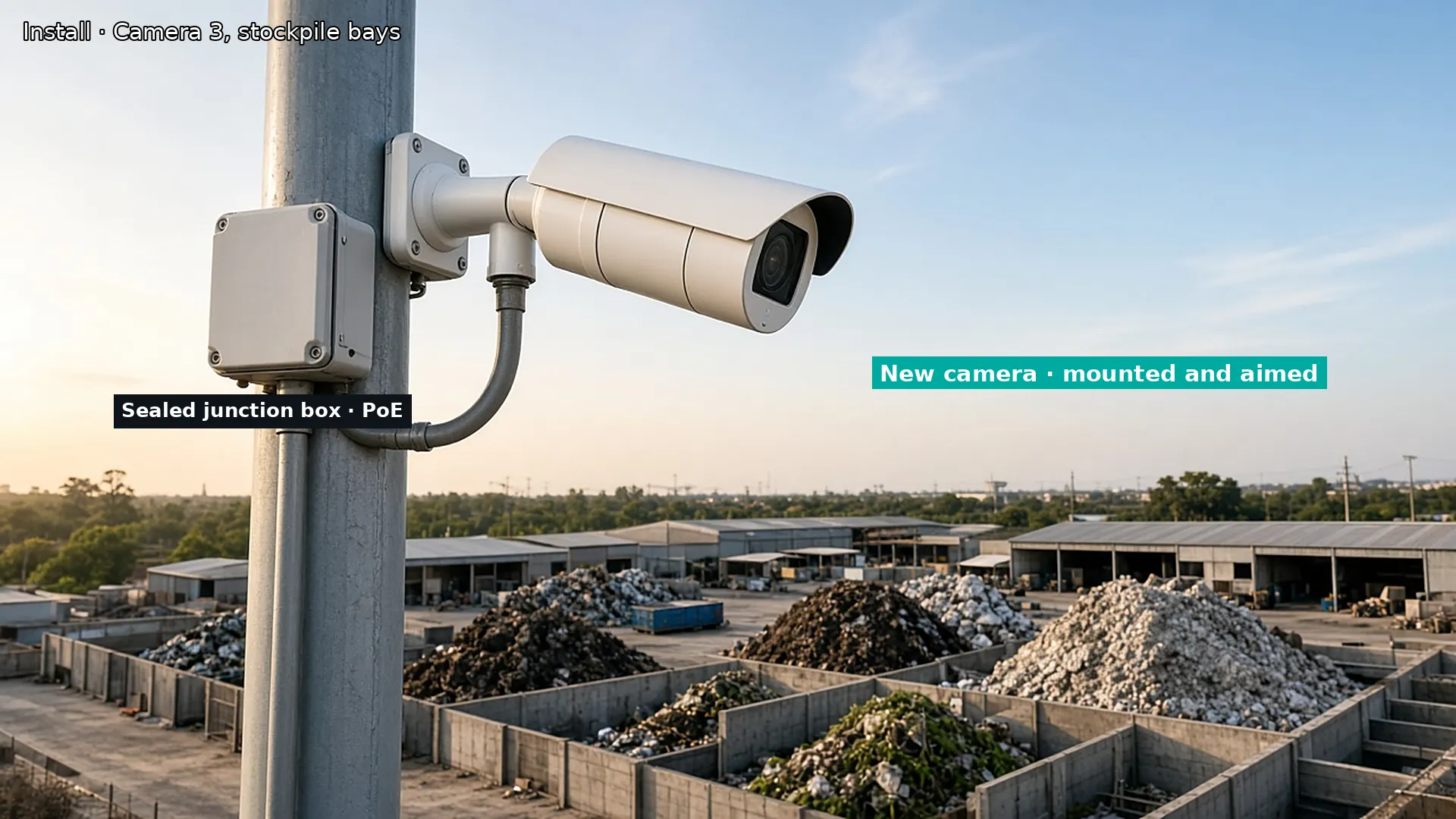 New CCTV camera installed on a steel mast with a sealed junction box, aimed over waste stockpile bays
