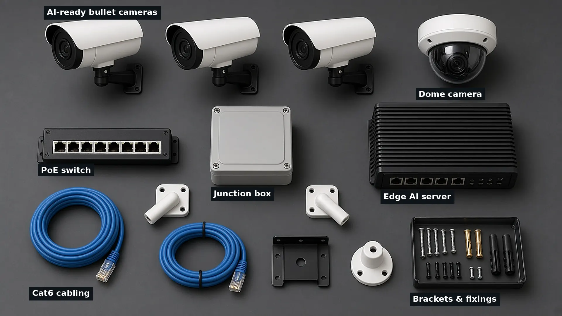 Supplied CCTV hardware laid out: bullet and dome cameras, an edge AI server, a PoE switch, Cat6 cabling, a junction box, brackets and fixings