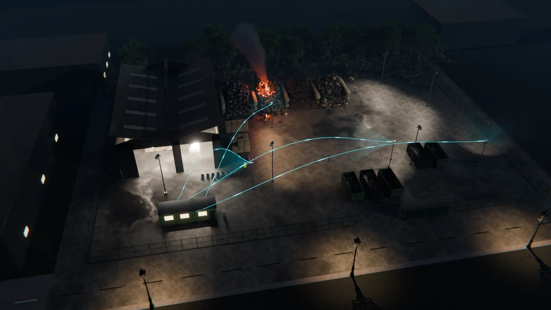 Night-time 3D view of a waste site with CCTV cameras linked to Woodcock AI watching the stockpiles, yard and buildings