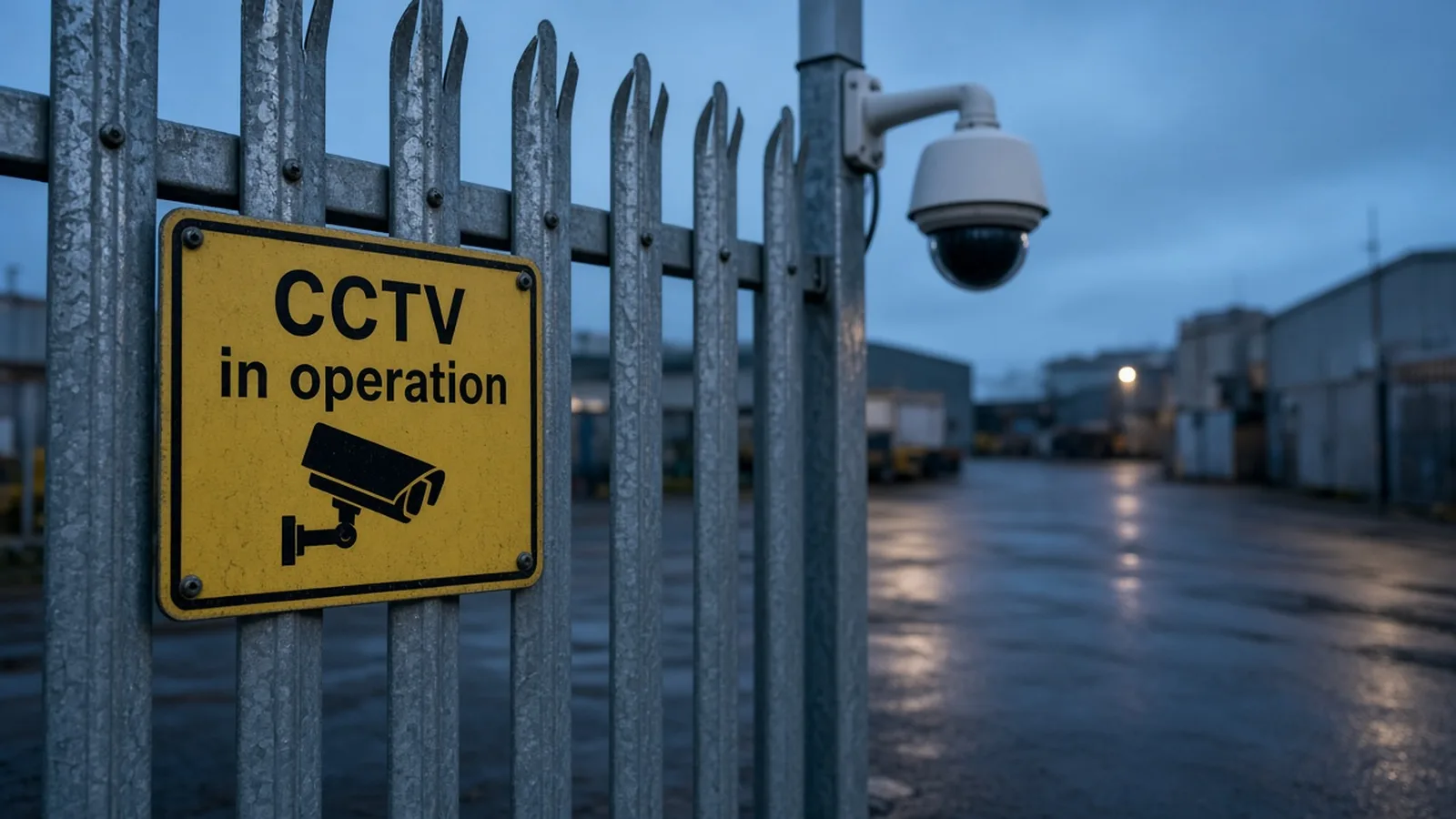 Illustrative image: a yellow CCTV in operation sign on a palisade fence at the entrance to an empty industrial yard at dusk, with a dome camera on a pole behind it