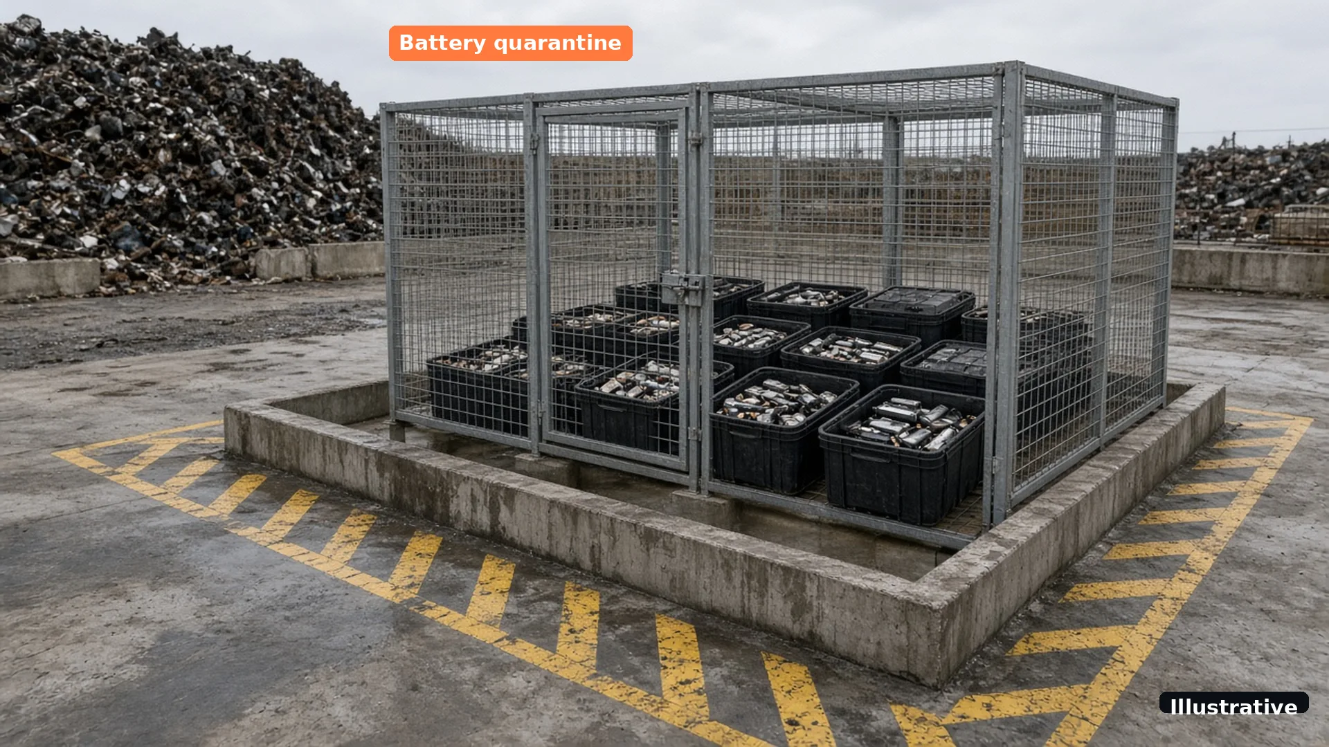 Illustrative image of a steel mesh battery quarantine cage on a concrete bund, set apart from scrap piles