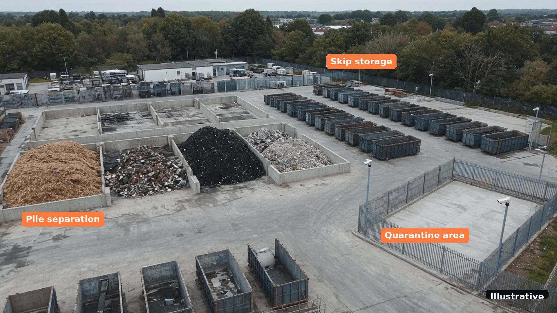 Illustrative aerial image of a waste site with separated stockpiles in walled bays and an empty fenced quarantine area