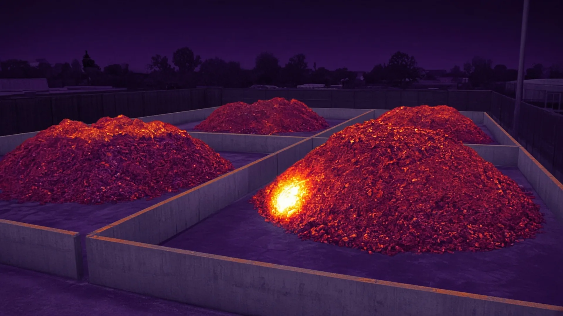 Illustrative thermal camera image of waste stockpiles in concrete bays at night, with one bright hot spot near the base of a pile and no people or vehicles in view