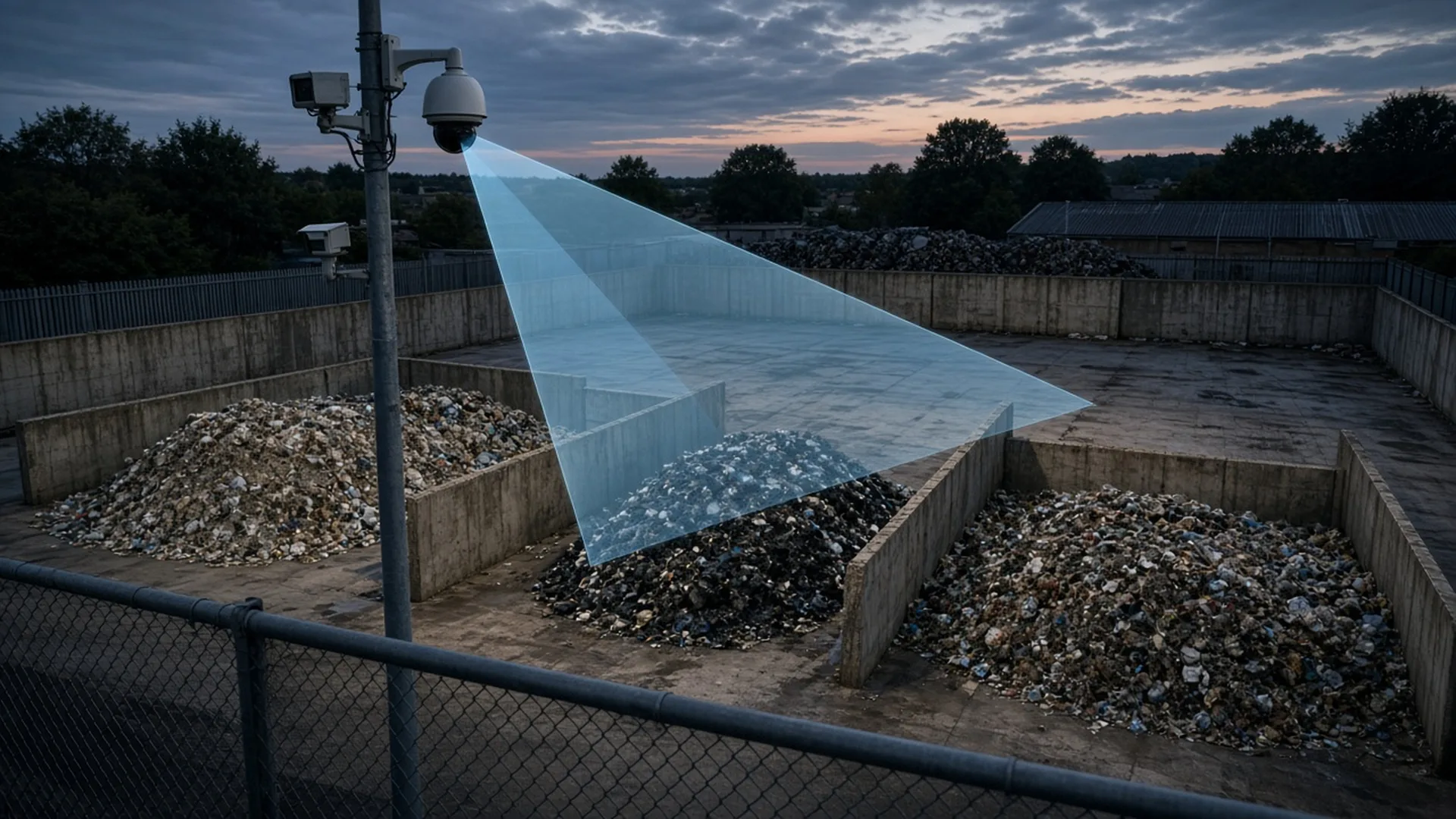 Illustrative dusk image of an empty waste yard with concrete bays and a camera pole, with a coverage cone showing a camera view across the bays and no people in view