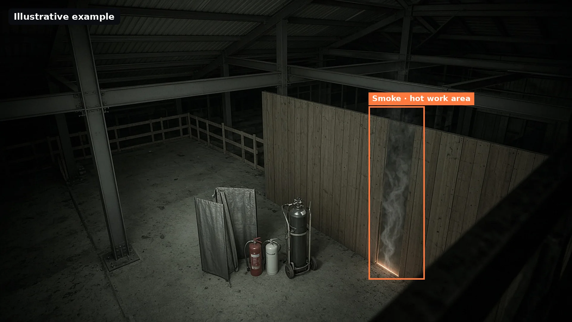Illustrative example of an empty hot work area at night with smoke rising from the base of a timber partition