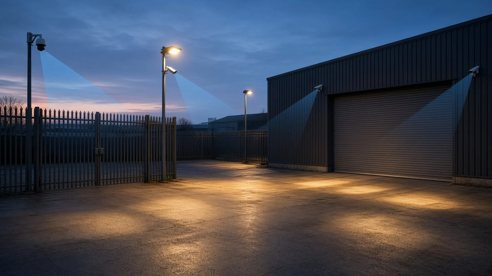 Illustrative example of an empty yard at lock-up with a padlocked gate, floodlights on poles and CCTV cameras, with shaded cones showing what each camera covers and dark corners between the lights
