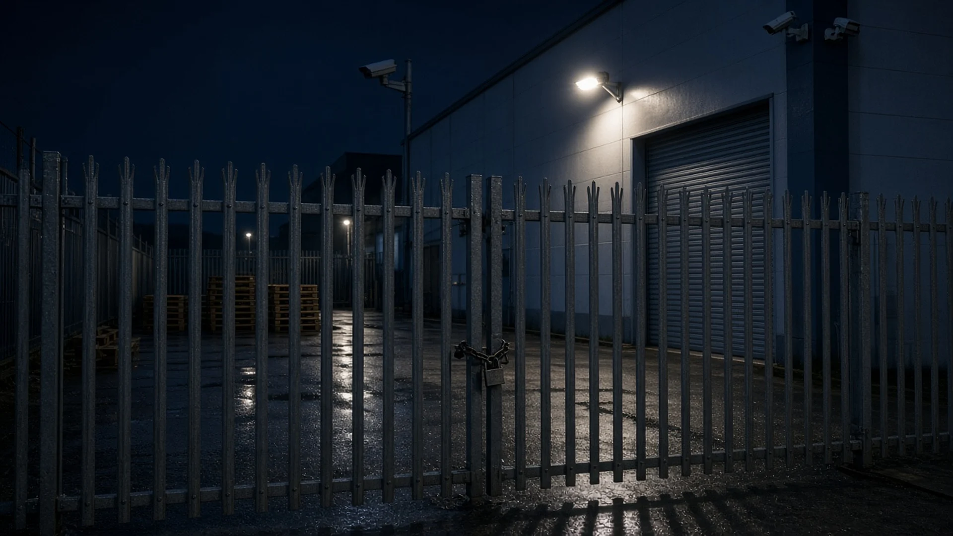 Illustrative example of an empty commercial yard at night with a padlocked palisade gate, a floodlight and CCTV cameras