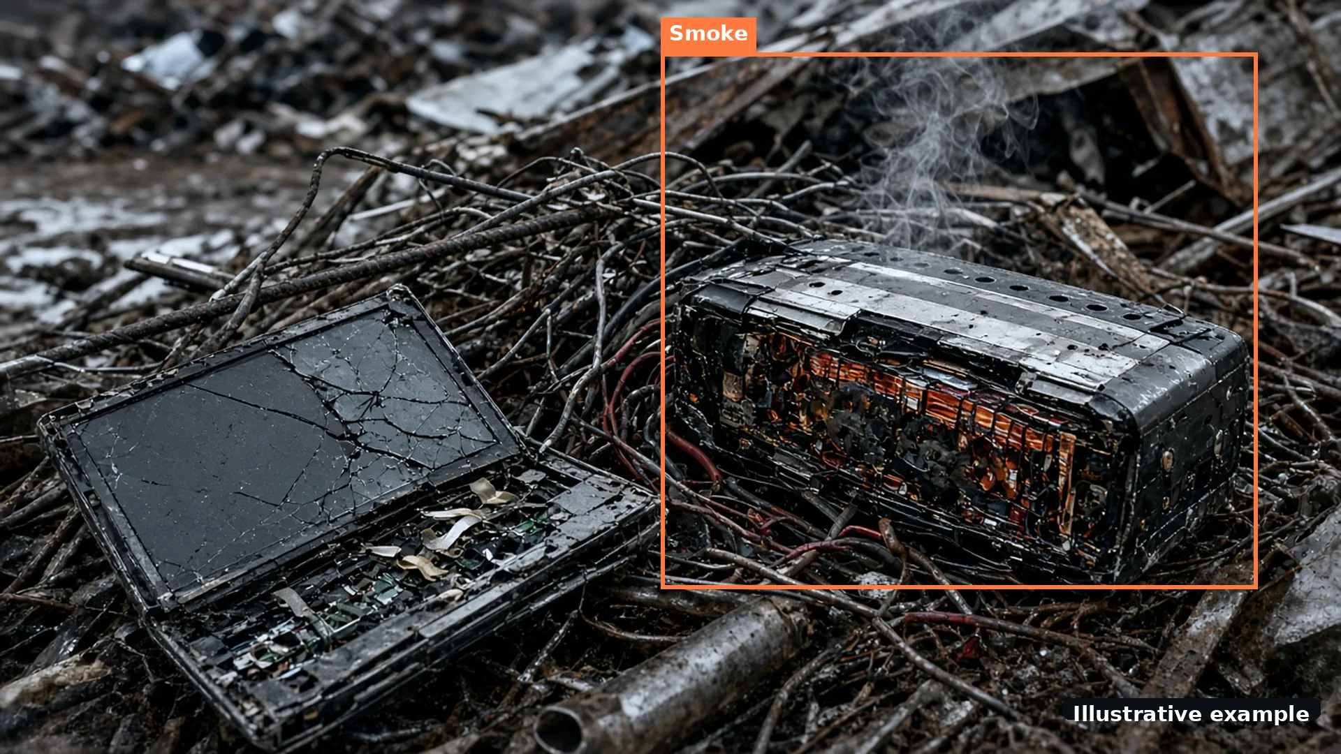 Illustrative image of a crushed laptop and a damaged battery pack in a scrap pile with a faint wisp of smoke, marked with a smoke detection box