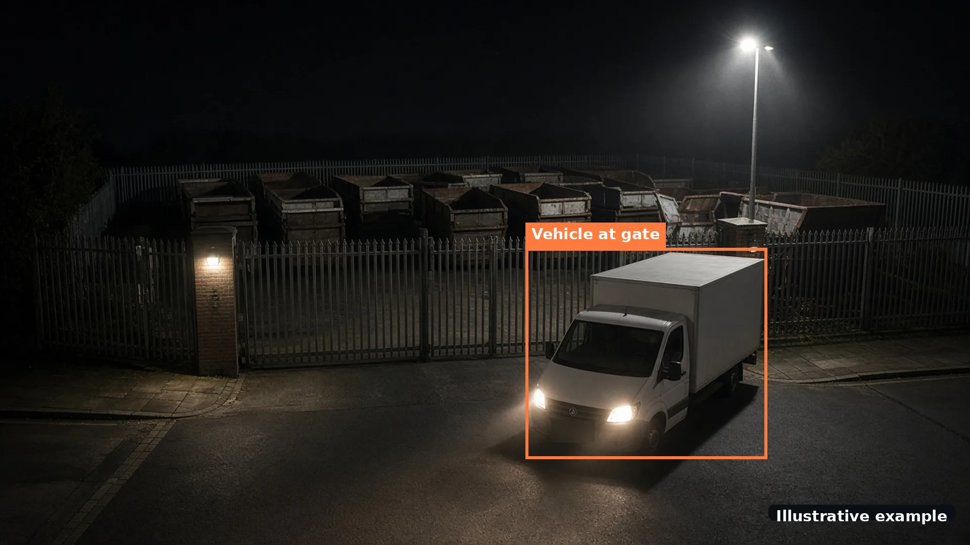 Illustrative night camera view of a closed skip yard gate with a box van outside, marked with a vehicle detection box