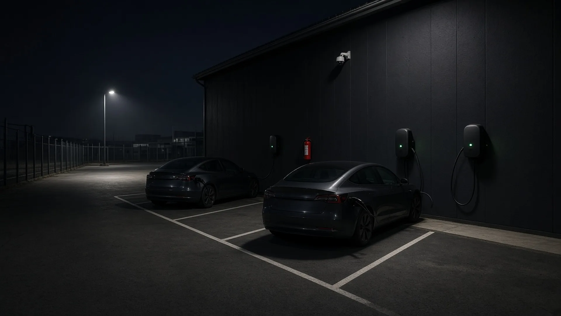 Illustrative image of two electric cars charging in marked bays against a workshop wall at night, with a fire extinguisher and a CCTV camera above