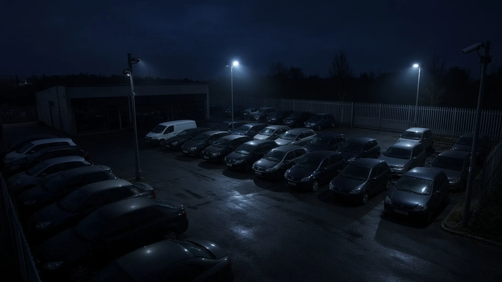 Illustrative example of an empty vehicle yard at night with rows of parked cars and vans, a palisade fence, floodlights and CCTV cameras on poles