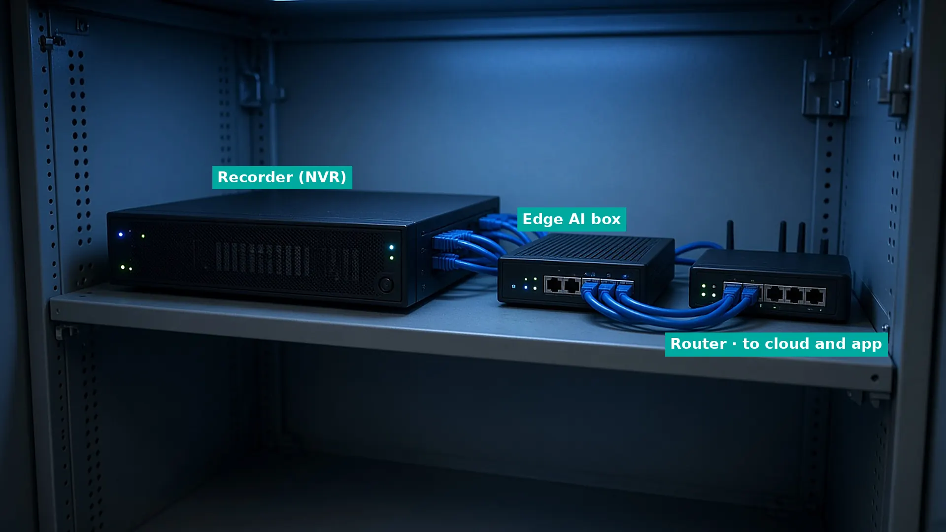 Comms cabinet with a video recorder, an edge AI box and a router, labelled