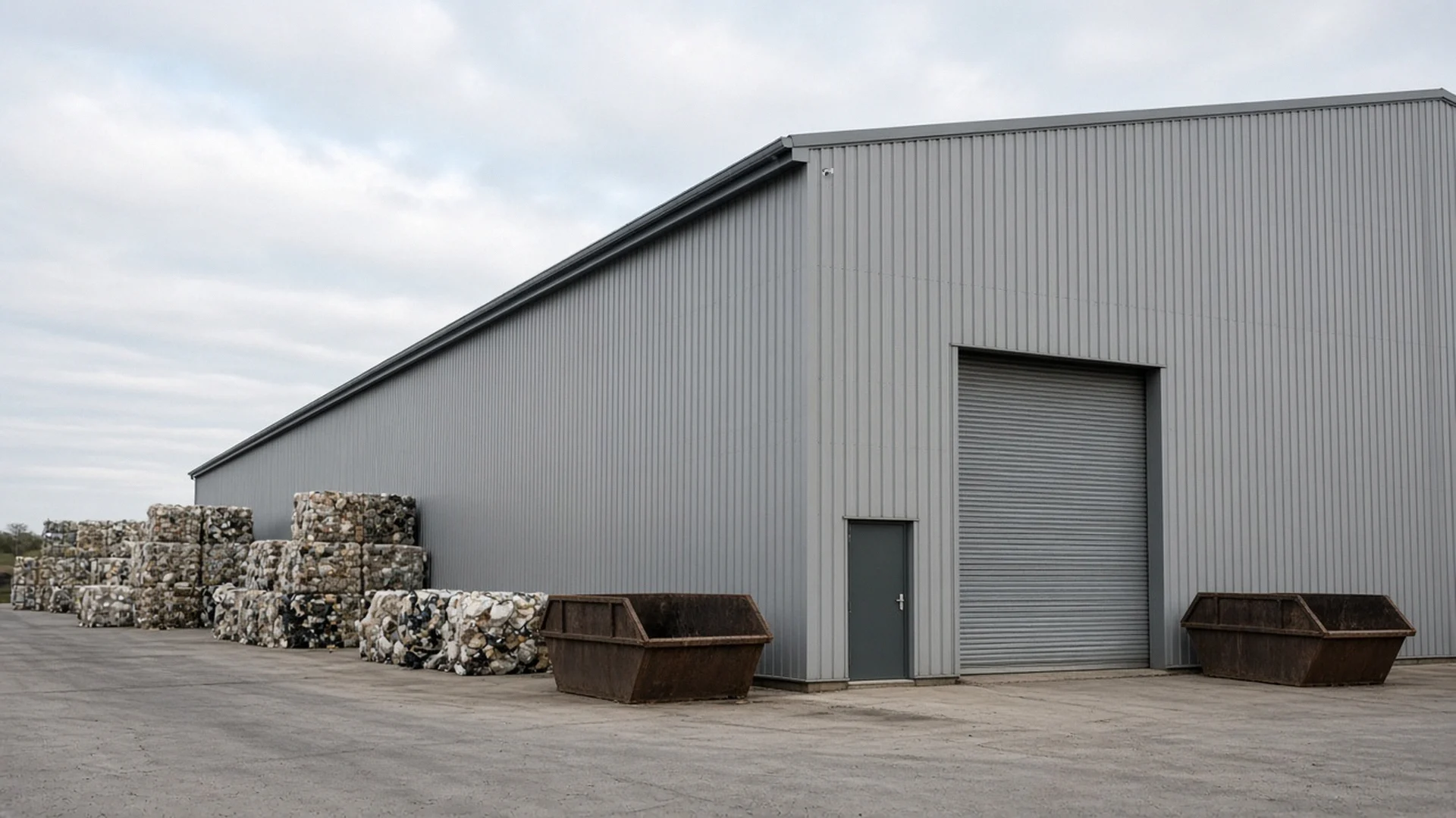 One small white turret CCTV camera under the eave at the corner of a recycling warehouse, above bales and skips