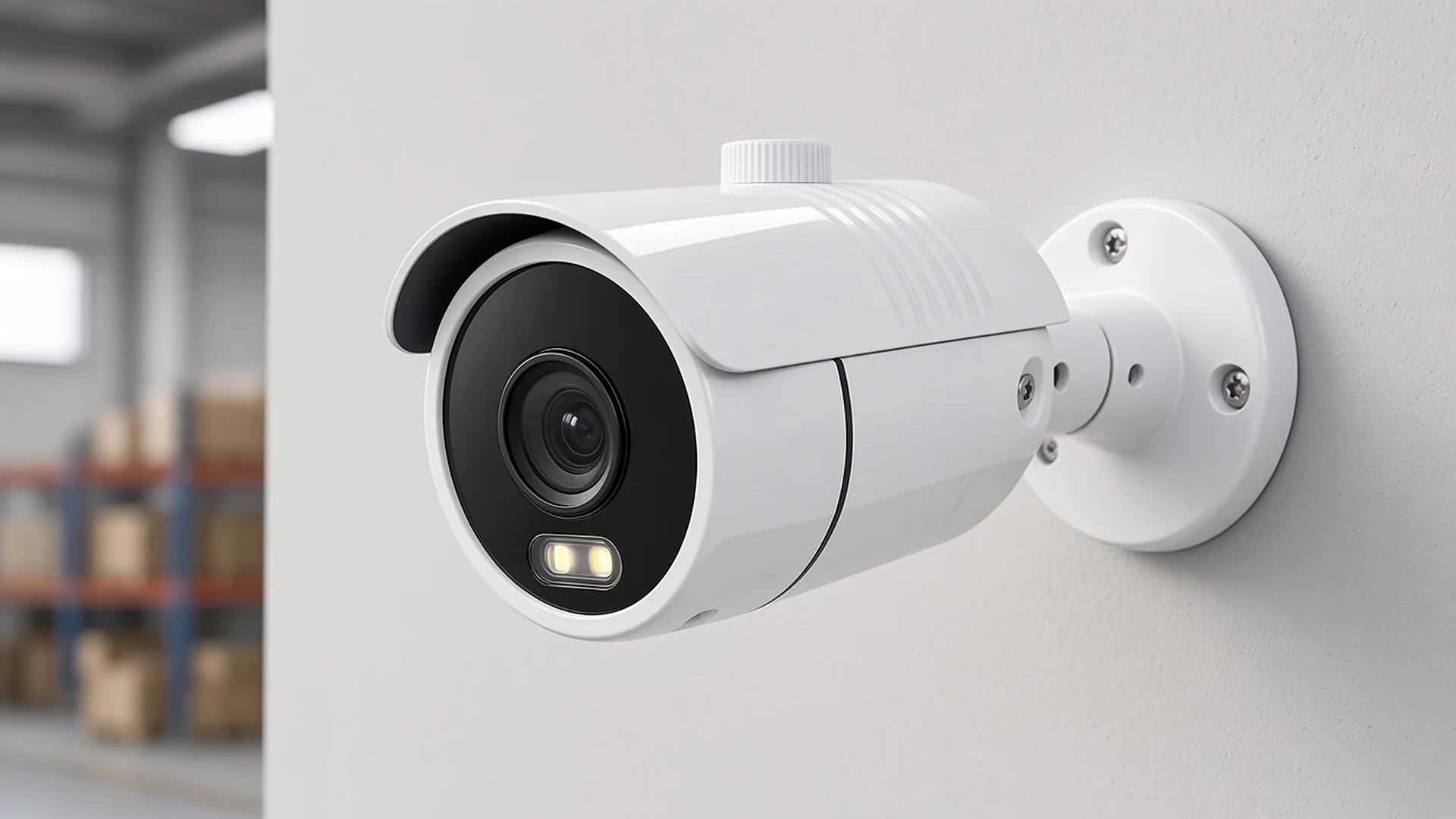 White bullet CCTV camera with sun shield and warm-light window on a warehouse wall bracket