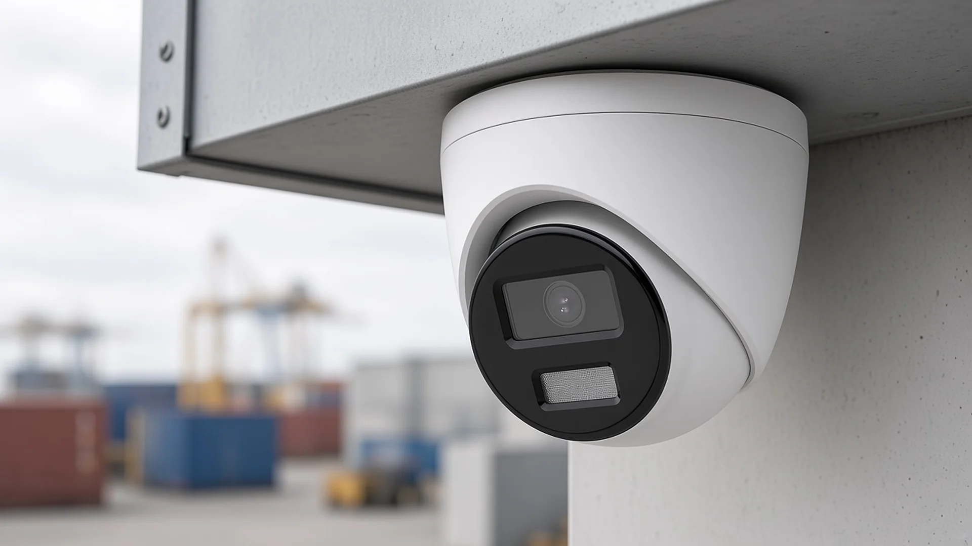 White turret CCTV camera with split lens and warm-light window, mounted under a steel soffit at an industrial yard