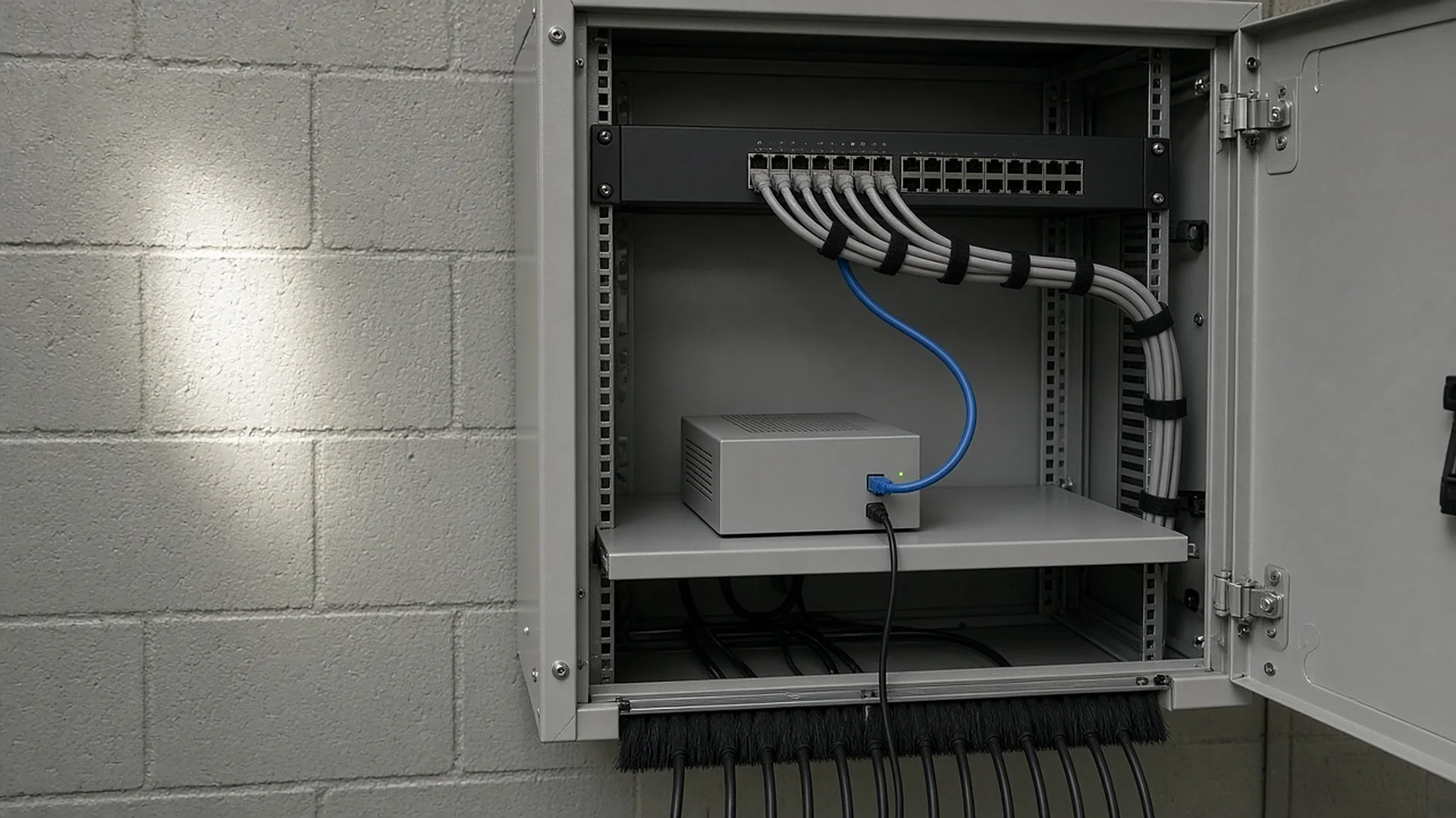 Woodcock setup box: a small grey box on a comms cabinet shelf, patched into a network switch with neat cabling