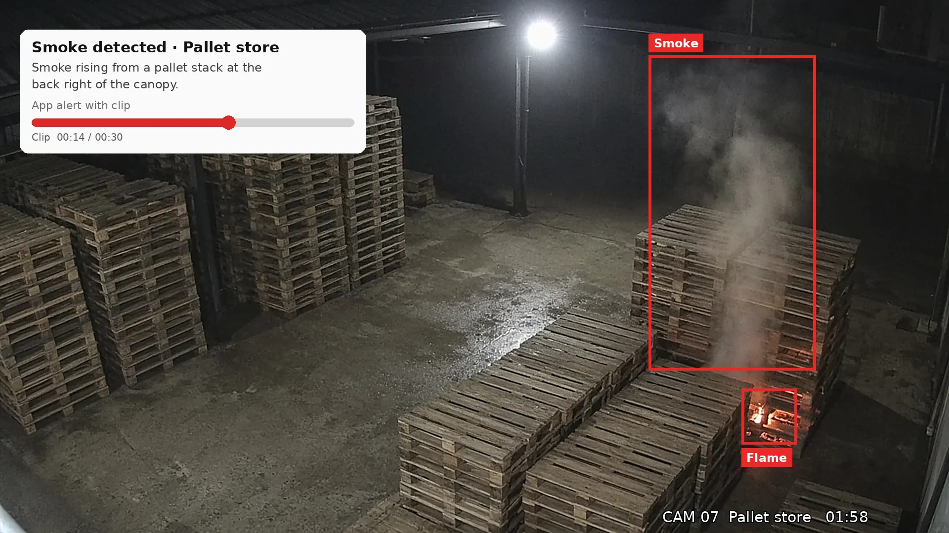 CCTV view: smoke at a pallet store, with an alert card showing a description and clip