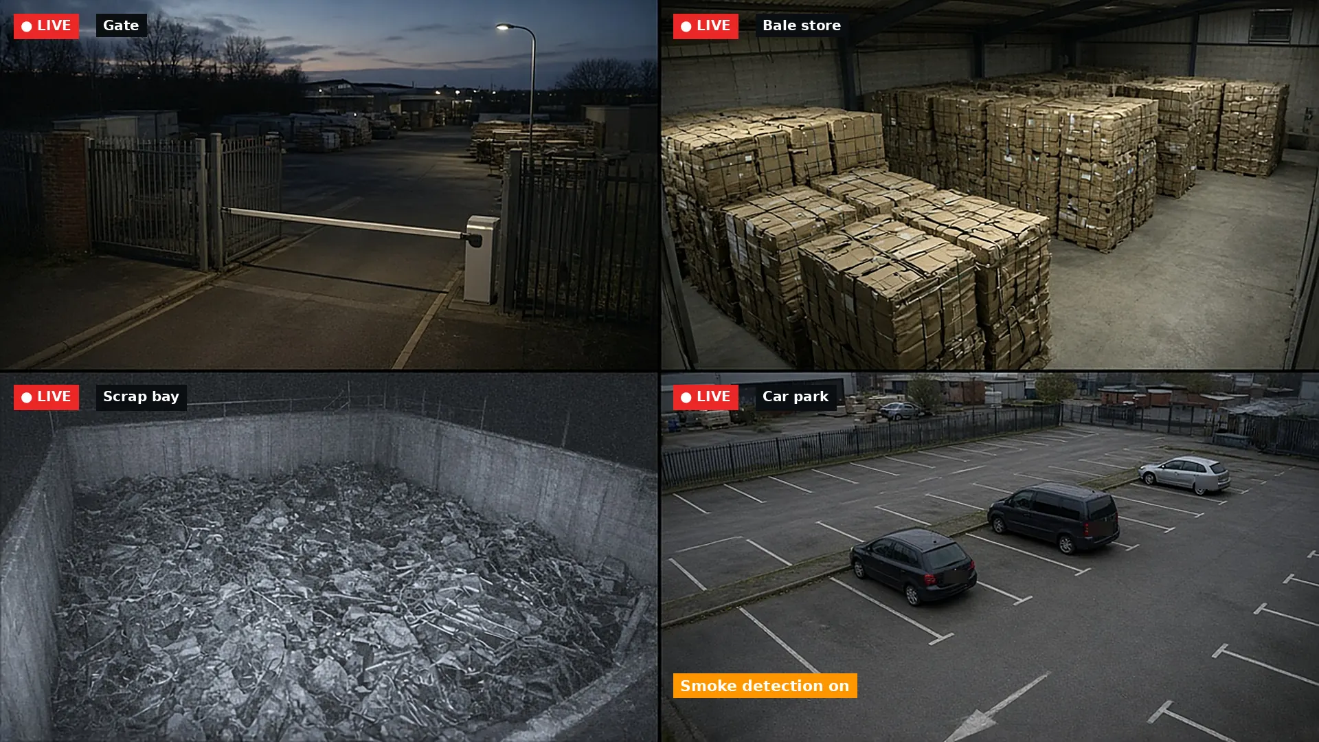 App camera grid: live views of a gate, bale store, scrap bay and car park