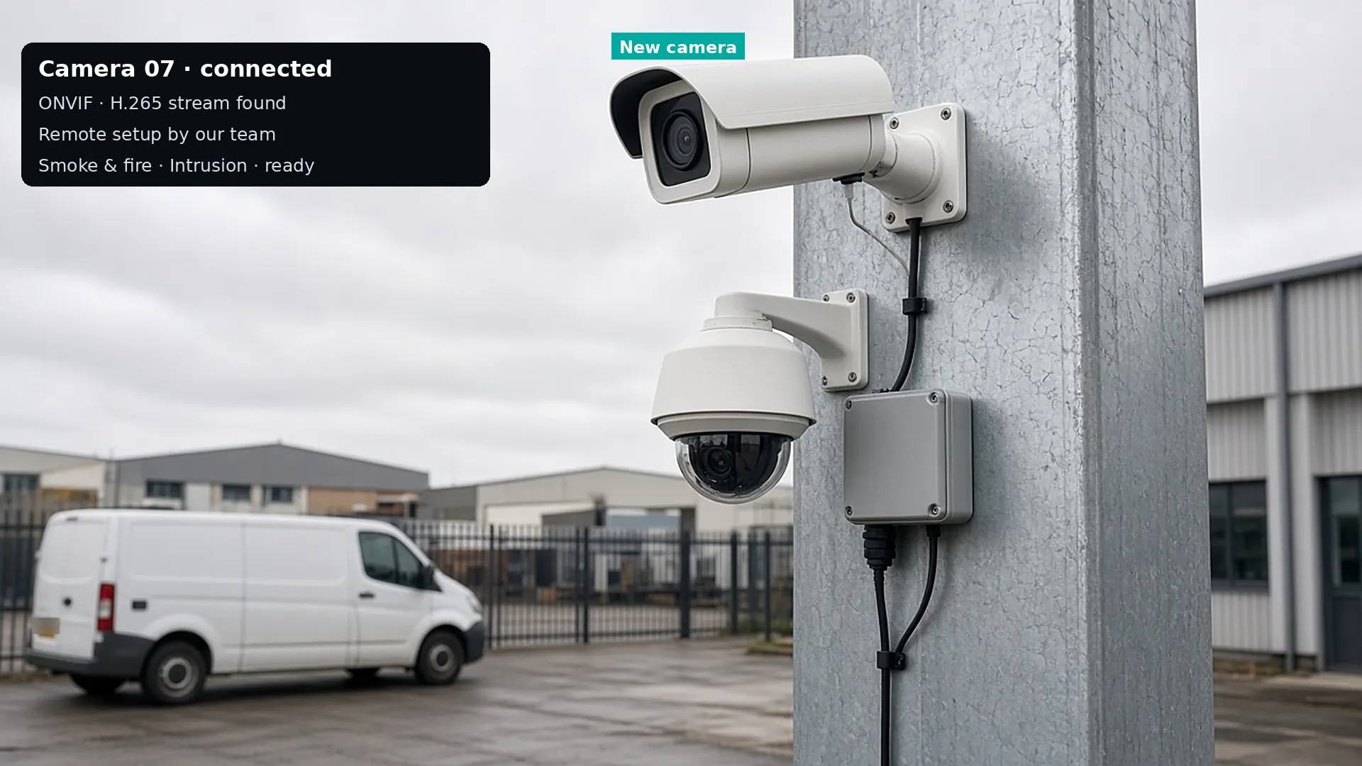 Photo: newly installed CCTV cameras on a column, with a camera connected card