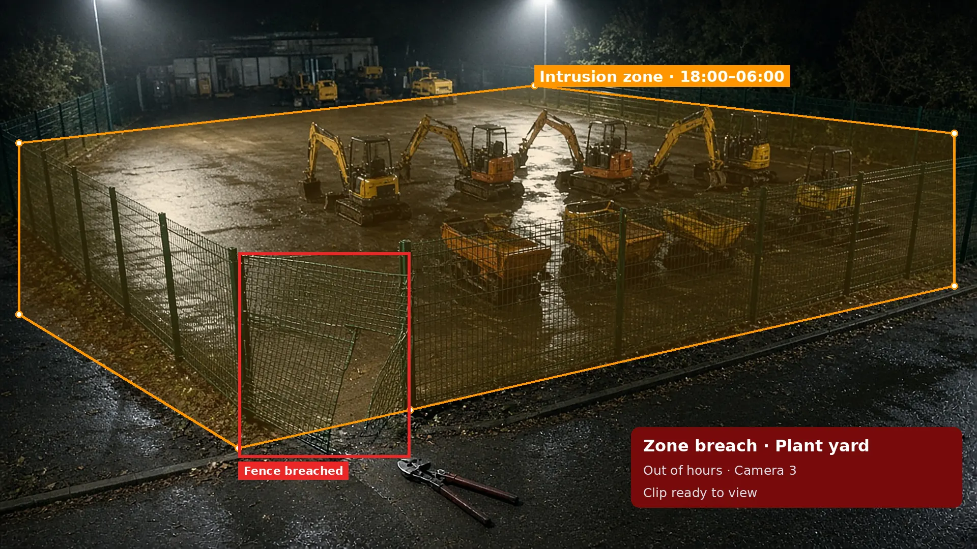 Night CCTV of a cut, peeled-open fence panel at a plant hire yard inside an armed intrusion zone