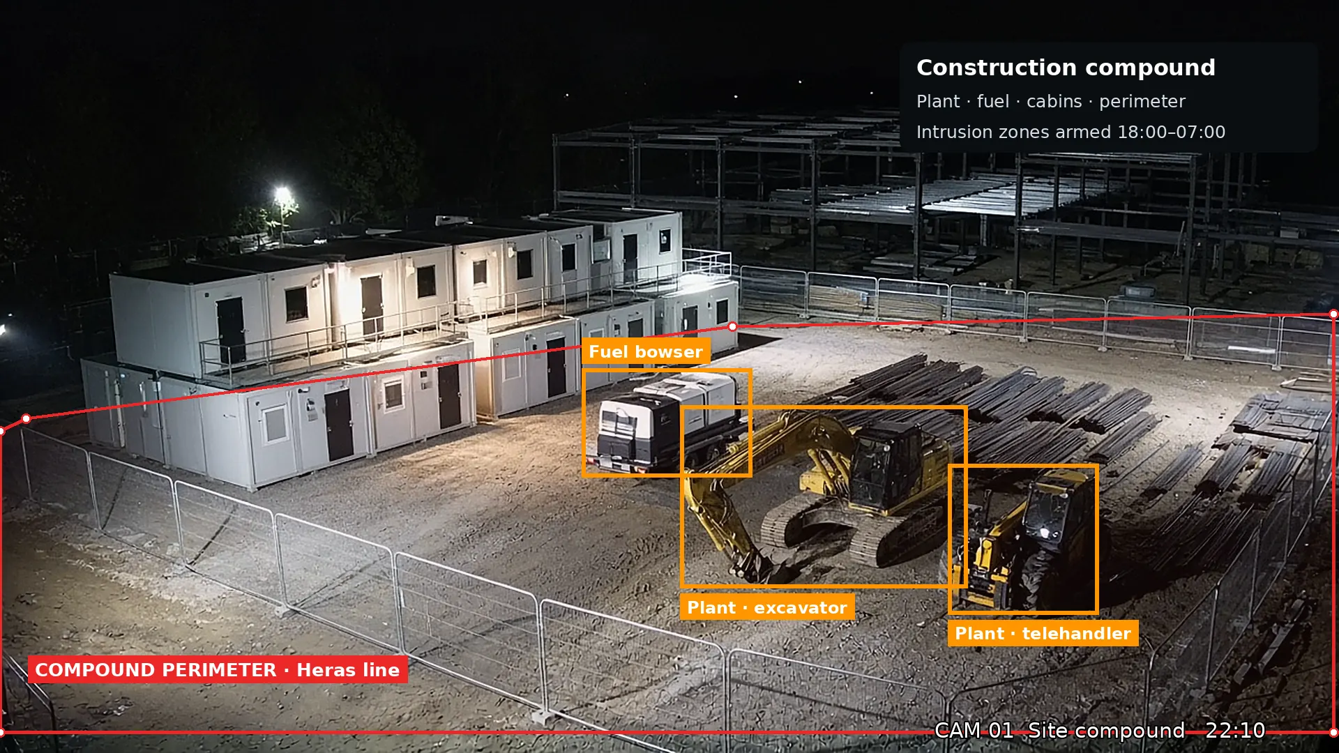 Night CCTV view: construction compound with plant, fuel bowser and perimeter boxed