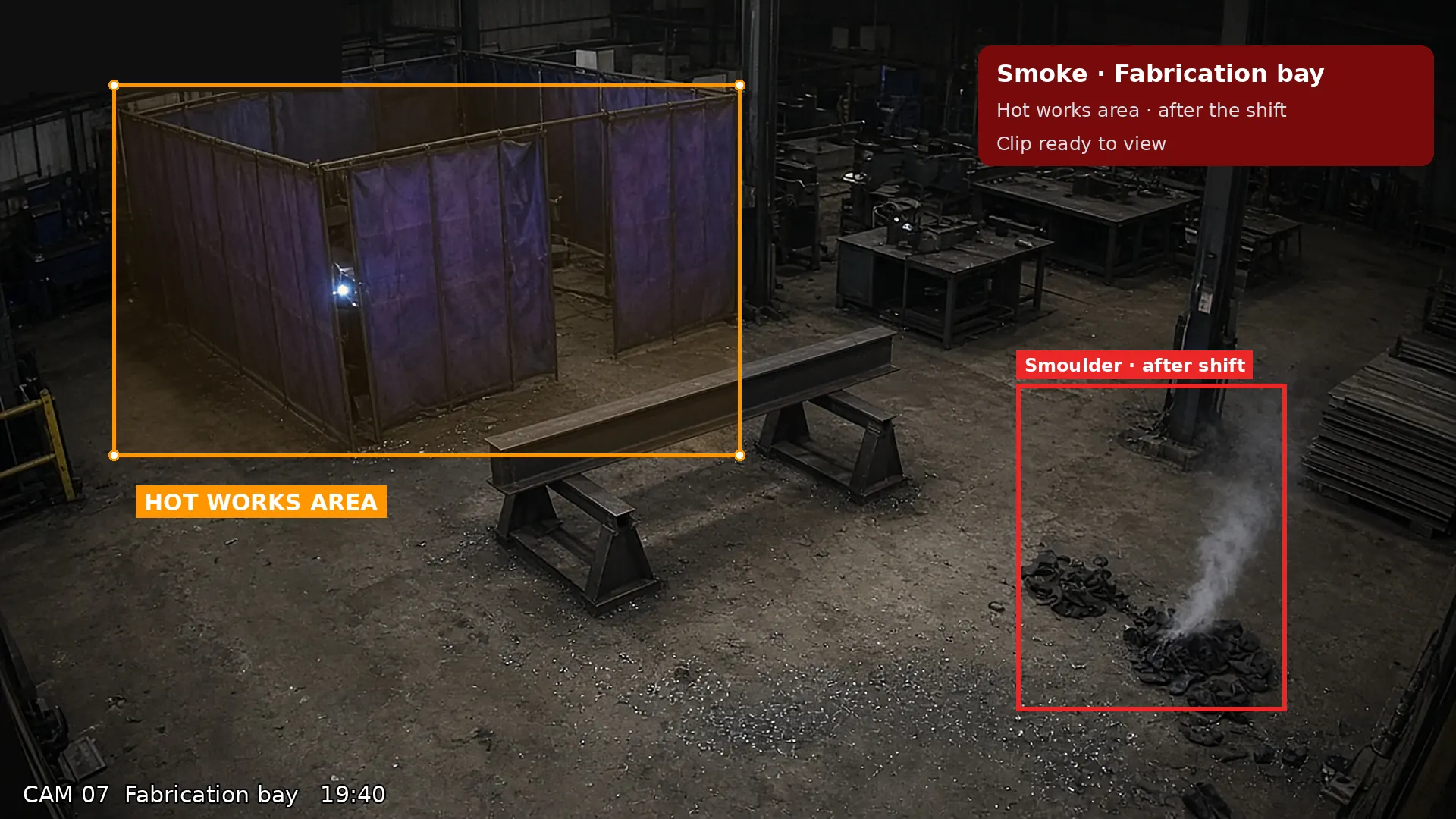 CCTV view: smouldering rags near a welding bay in a fabrication shop after the shift