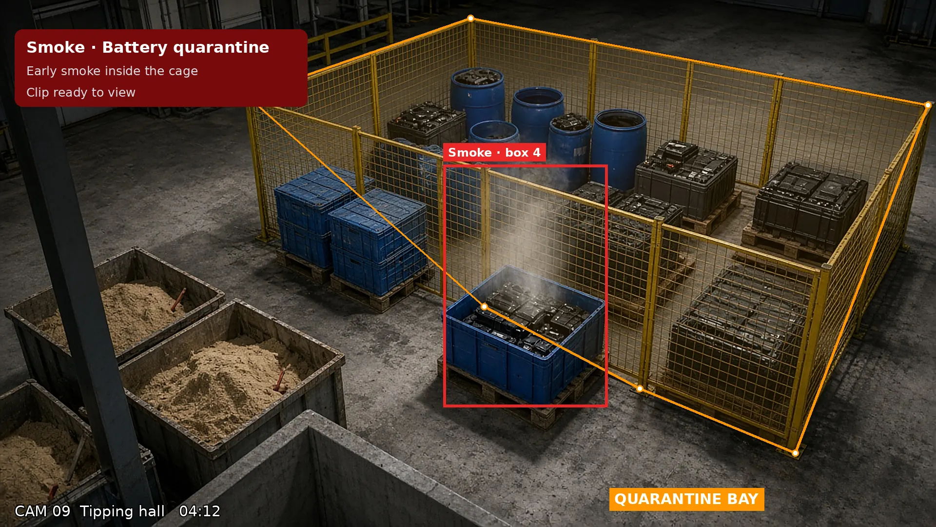 CCTV view: early smoke from a box of batteries inside a quarantine cage