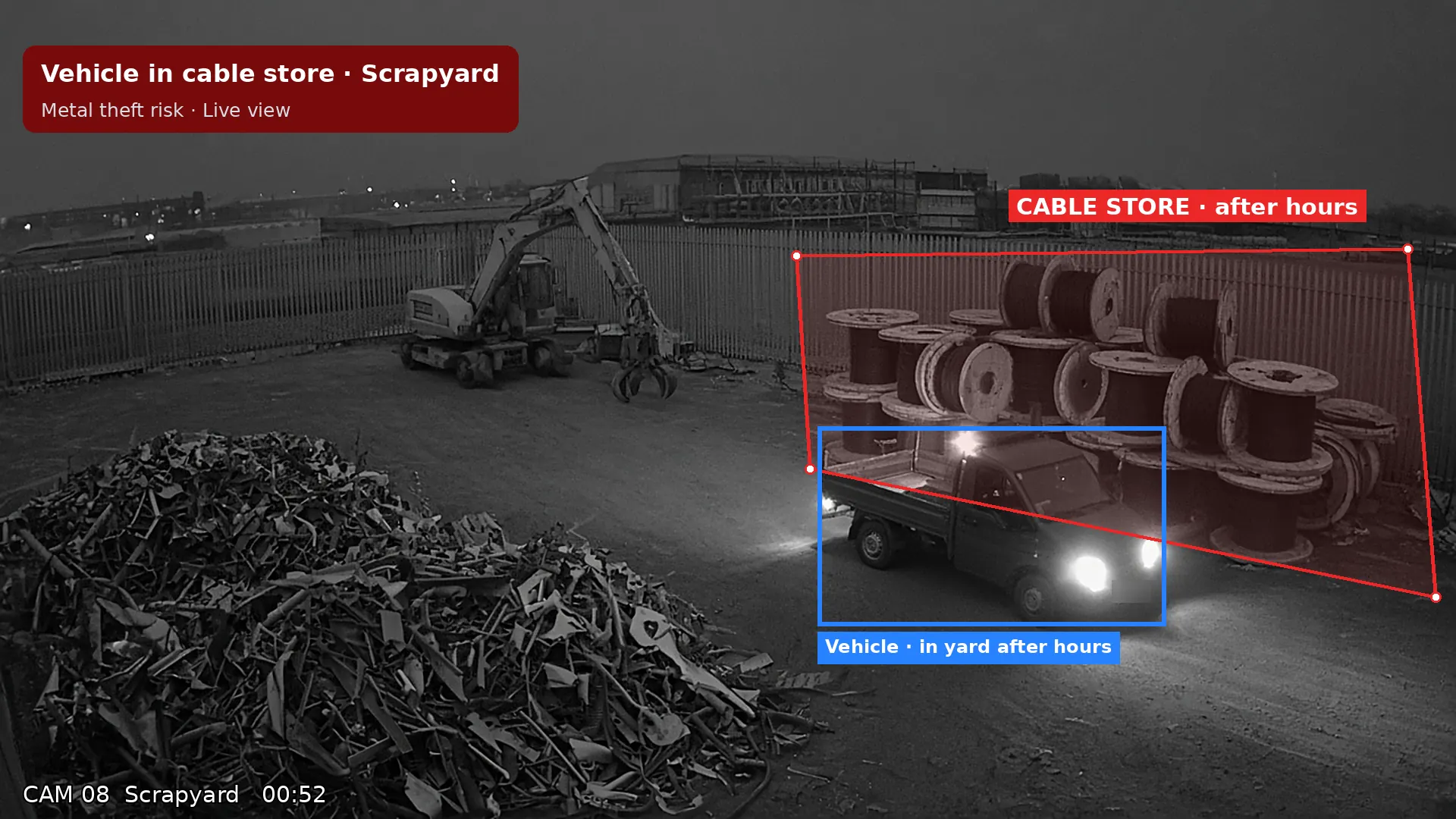 Night CCTV view: pickup truck boxed beside cable drums in a scrapyard after hours