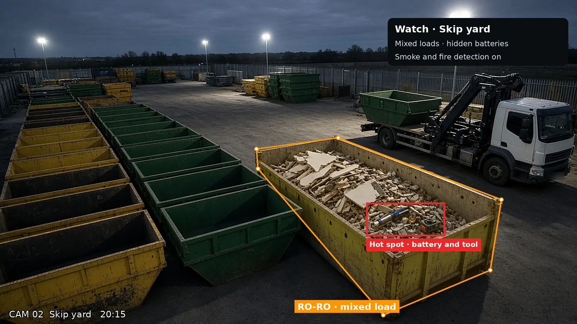 CCTV view: skip yard with a battery and power tool flagged in a mixed load