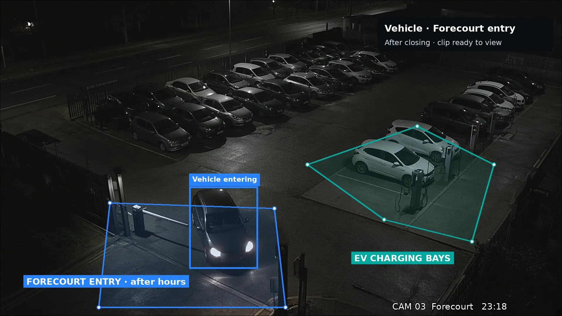 Night CCTV view: car entering a forecourt after hours, beside EV charging bays