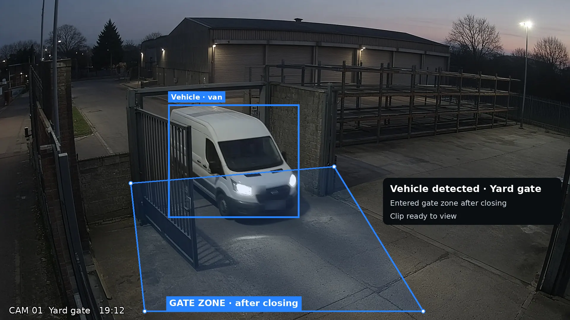 CCTV view: van driving through a yard gate after closing, boxed inside a gate zone