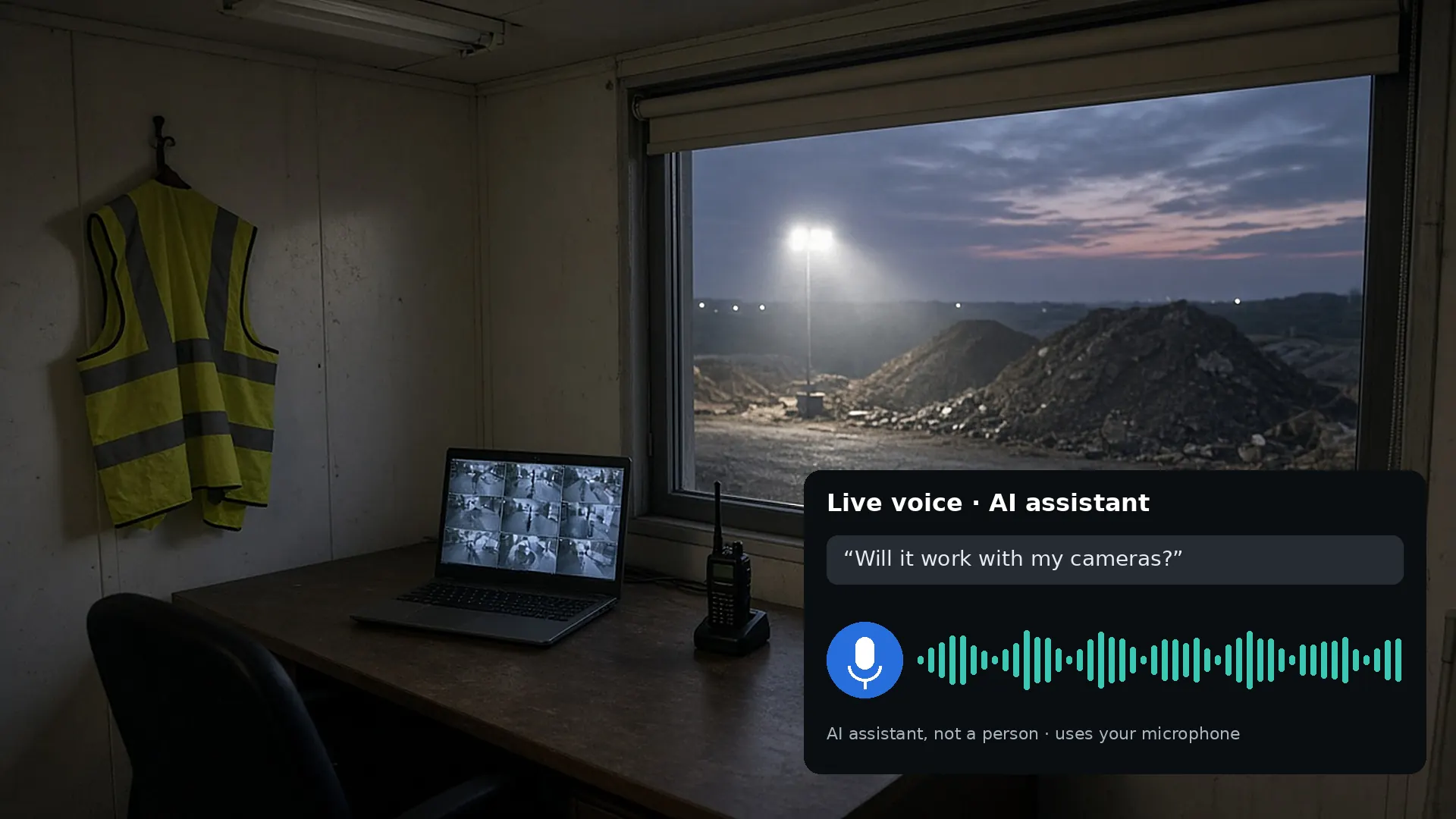 Site office at dusk with a live voice assistant card asking about cameras