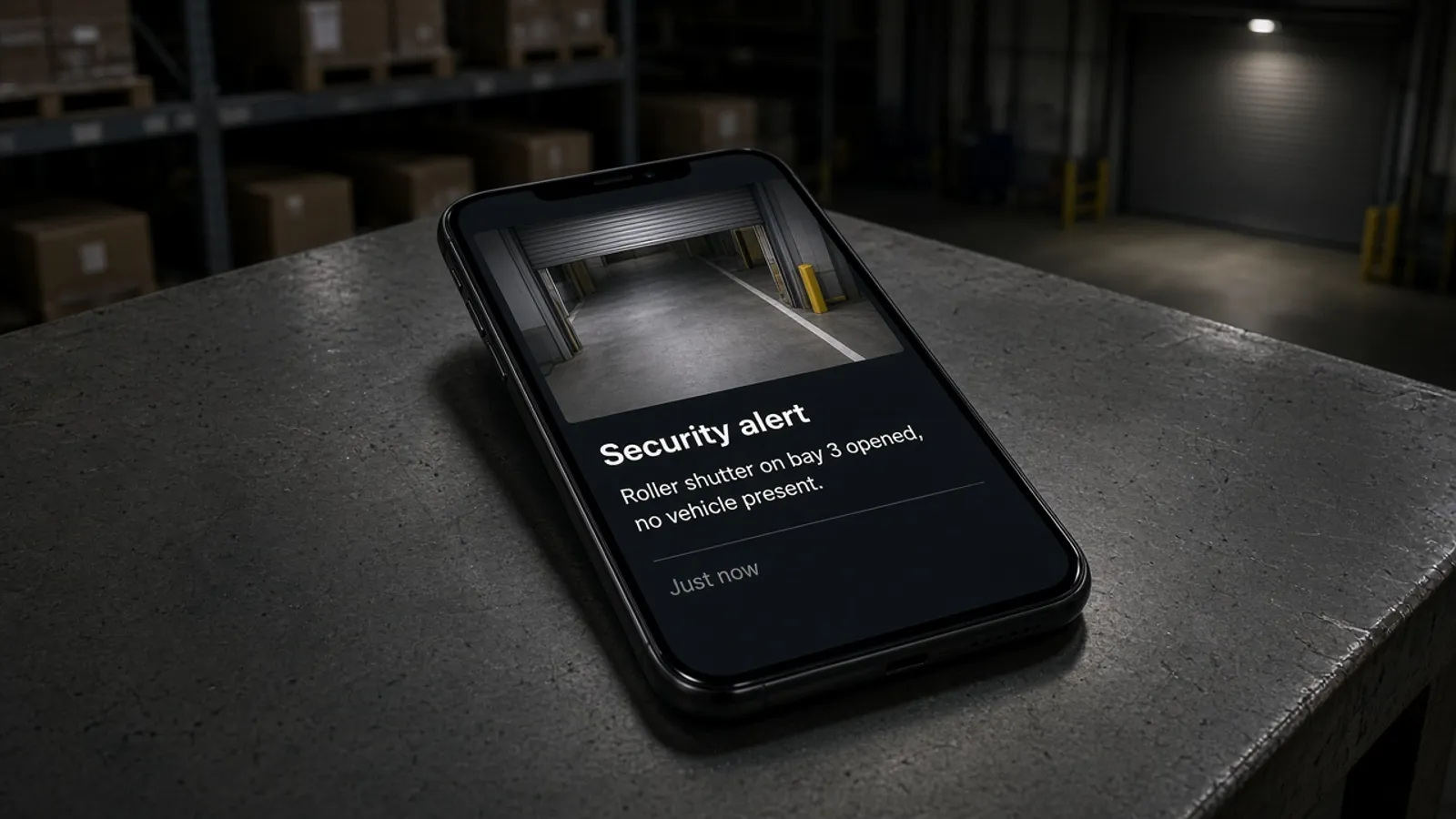 Illustrative image: a smartphone on a warehouse workbench showing a security alert with a still of an empty loading bay and a short plain-English description