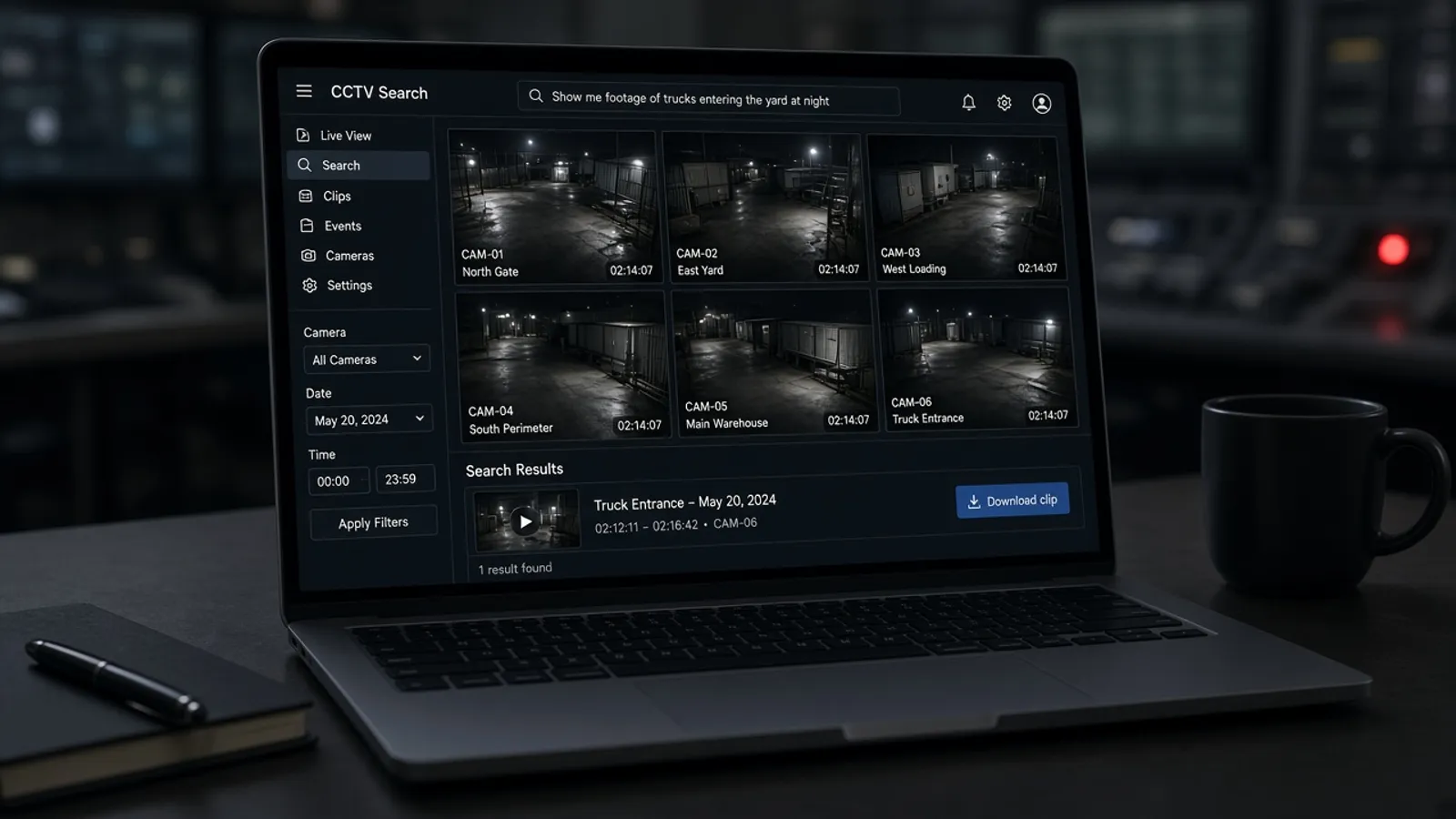 Illustrative image: a laptop in a dim control room showing a generic CCTV web app with a plain-English search, camera thumbnails of empty yards and a download clip button