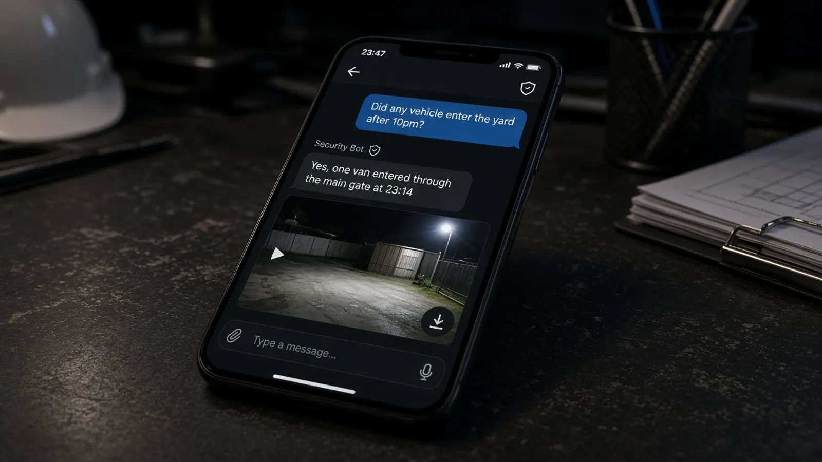 Illustrative image: a smartphone on a dark desk showing a chat-style question about a vehicle entering a yard, an answer and a CCTV clip with a download button