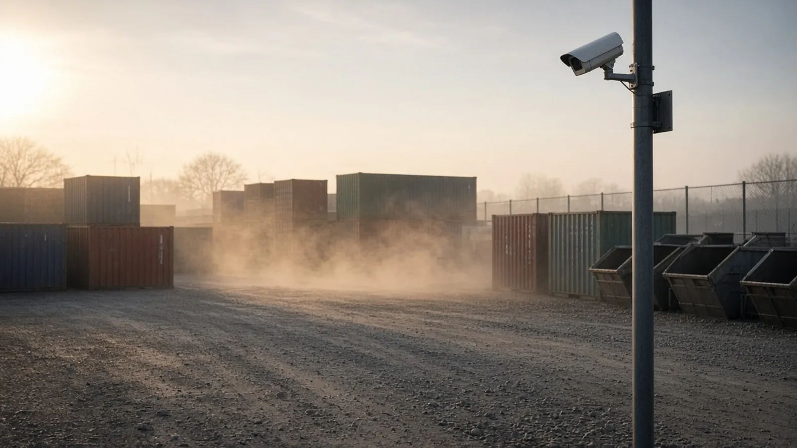 Illustrative image: early morning in an empty storage yard with a dust cloud drifting between containers past a CCTV camera on a pole